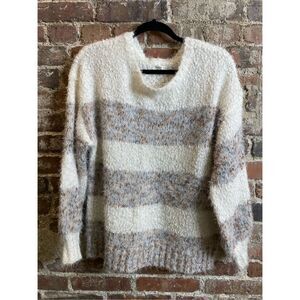 Maurices Beige/Cream Striped Fuzzy Knit Sweater, Lantern Sleeve, Women’s Size OX